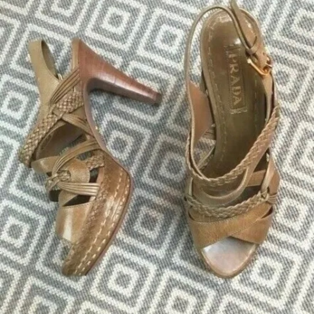 PRADA -- Strappy Sandals, Beige Leather, High Heel, Braided Topstitched